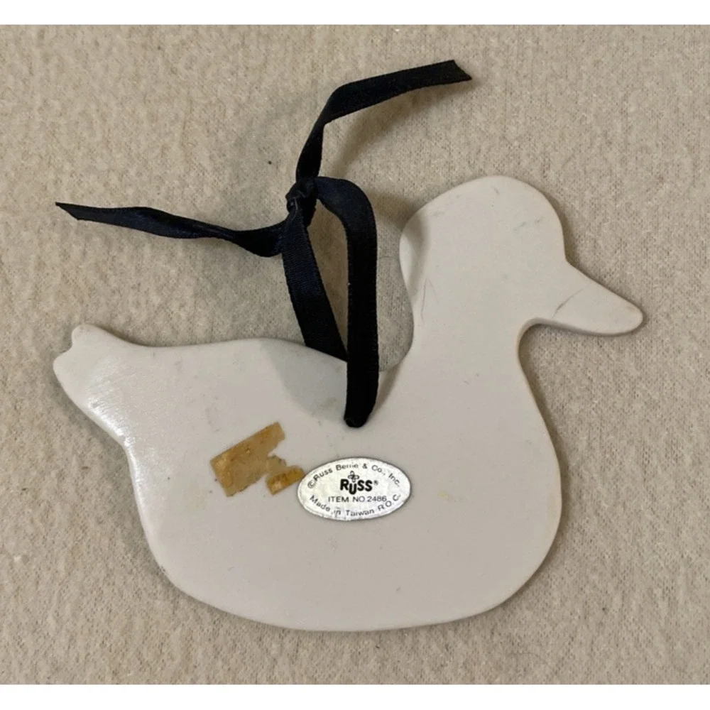 Russ Berrie Christmas Tree Ornament Ceramic Duck Flower Cobalt Blue Country Folk
